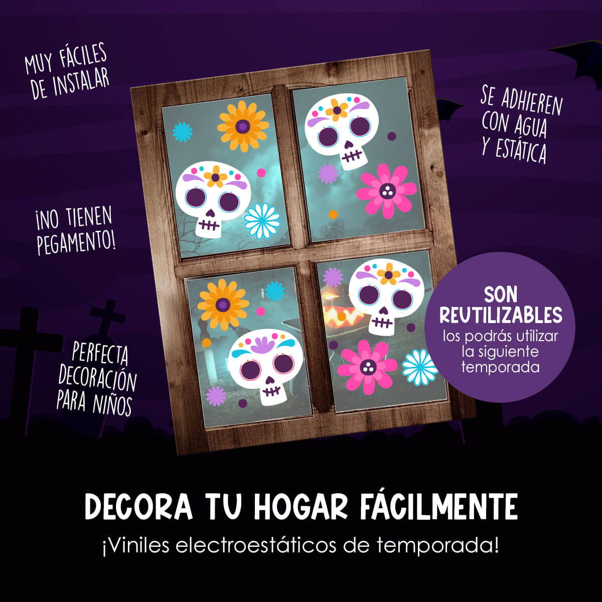 HALL55 - Vinil Electroestático Calacas Florales de Halloween